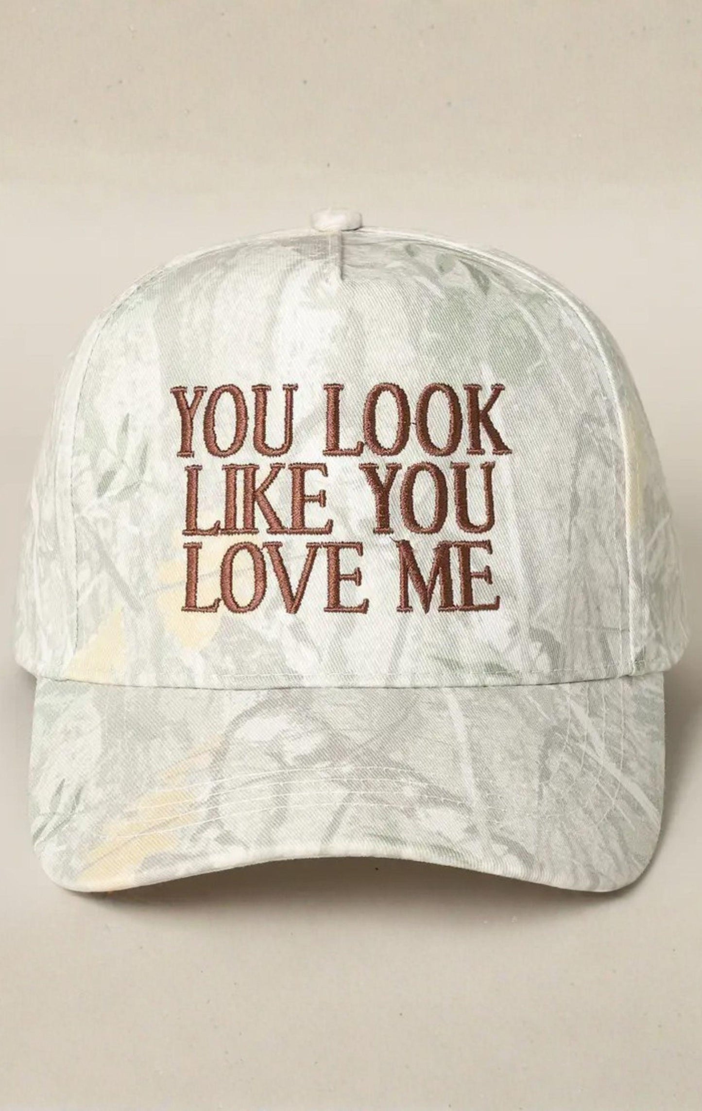 YOU LOOK LIKE YOU LOVE ME EMBROIDERY CAMO TRUCKER - BEIGE CAMO - BROWN