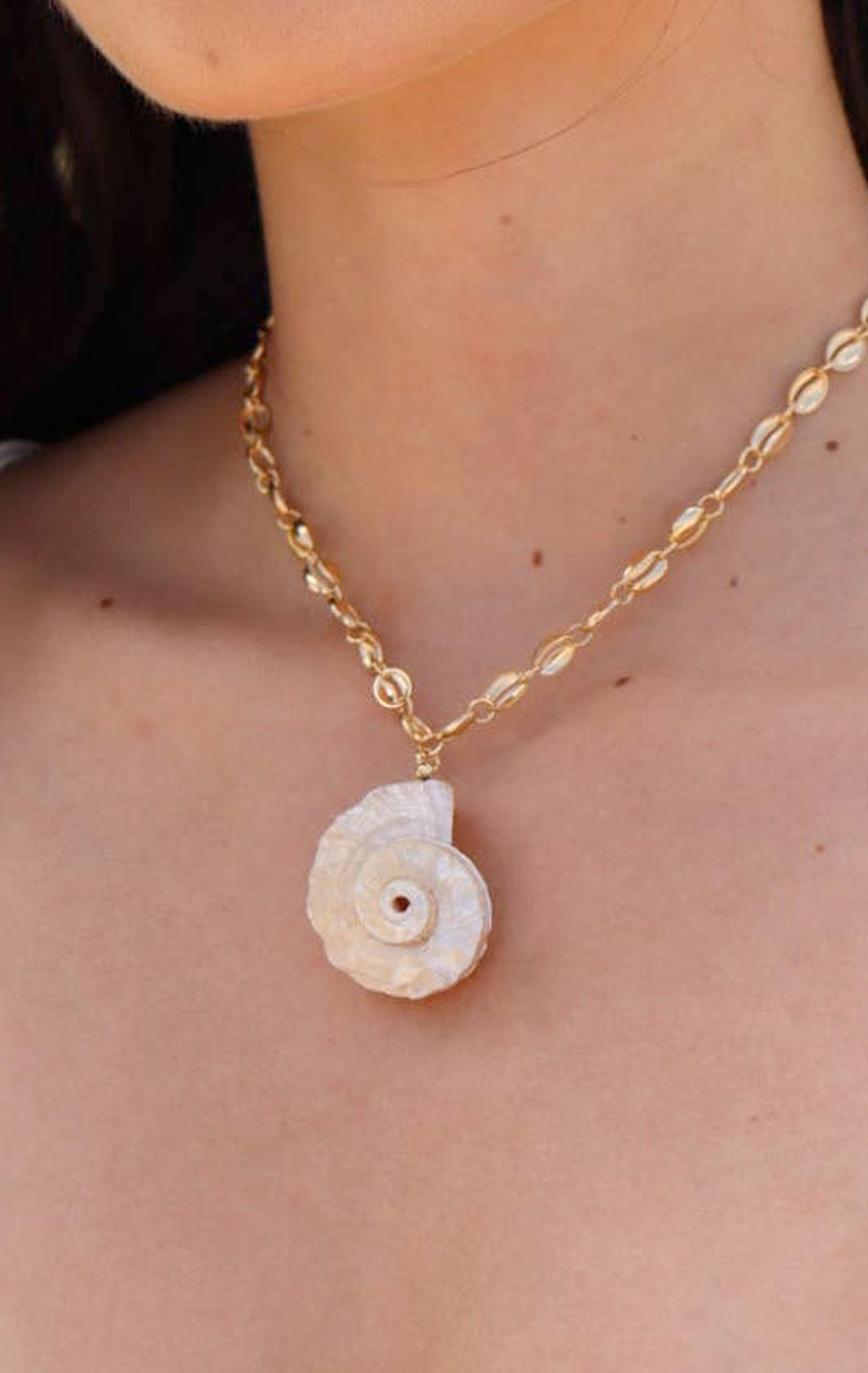 Golden Spiral Shell Necklace Natural Shell Pendant On Gold Cowrie Inspired Chain