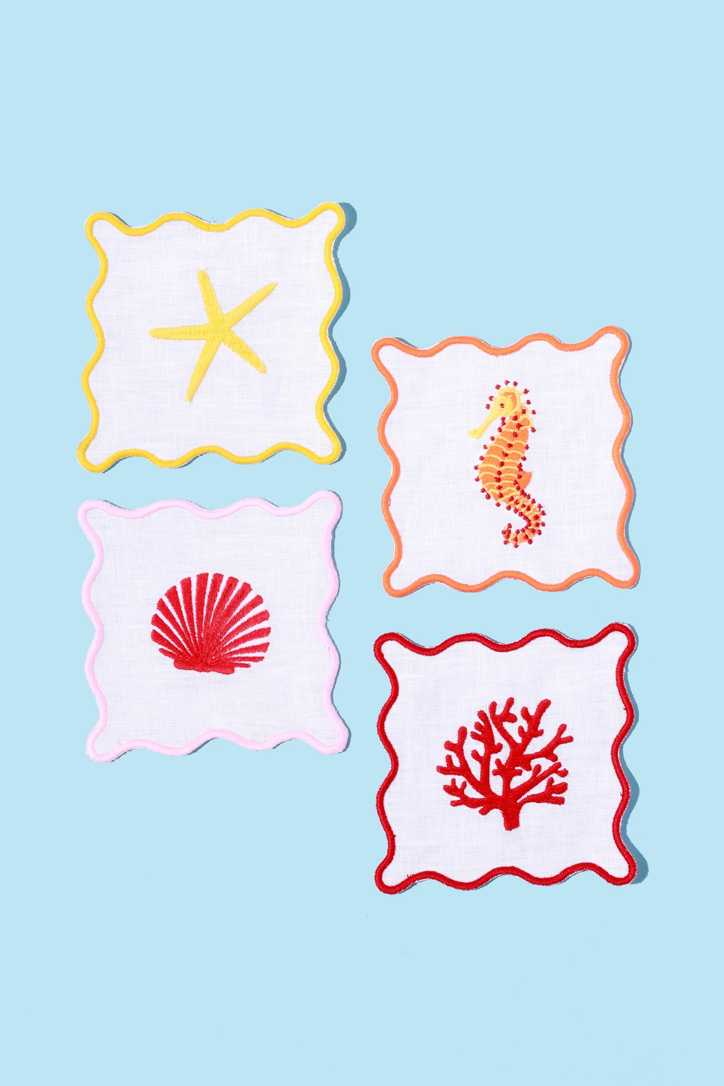 Coastal Cocktail Napkins | Embroidered Linen Coaster Set