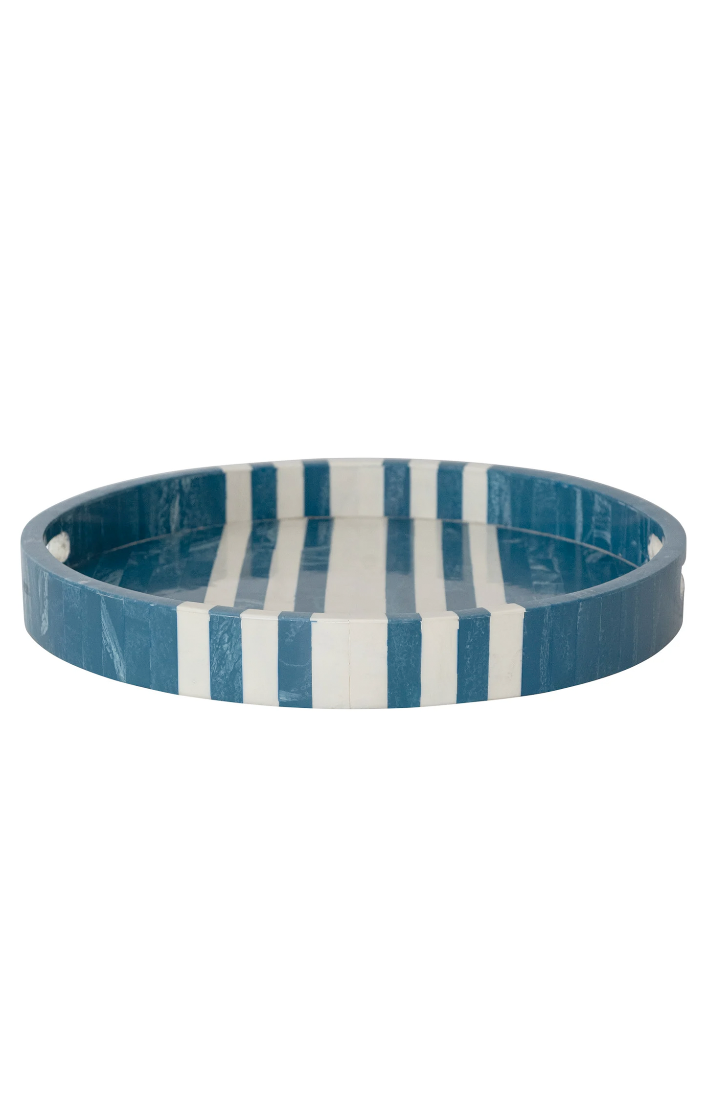 DECORATIVE INLAID MARBLED RESIN & MDF TRAY WITH STRIPES & HANDLES (EACH ONE WILL VARY)