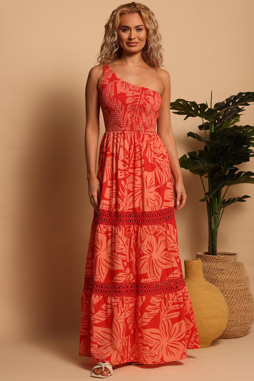 OZZY ONE SHOULDER DRESS - CORAL PALMS - XS