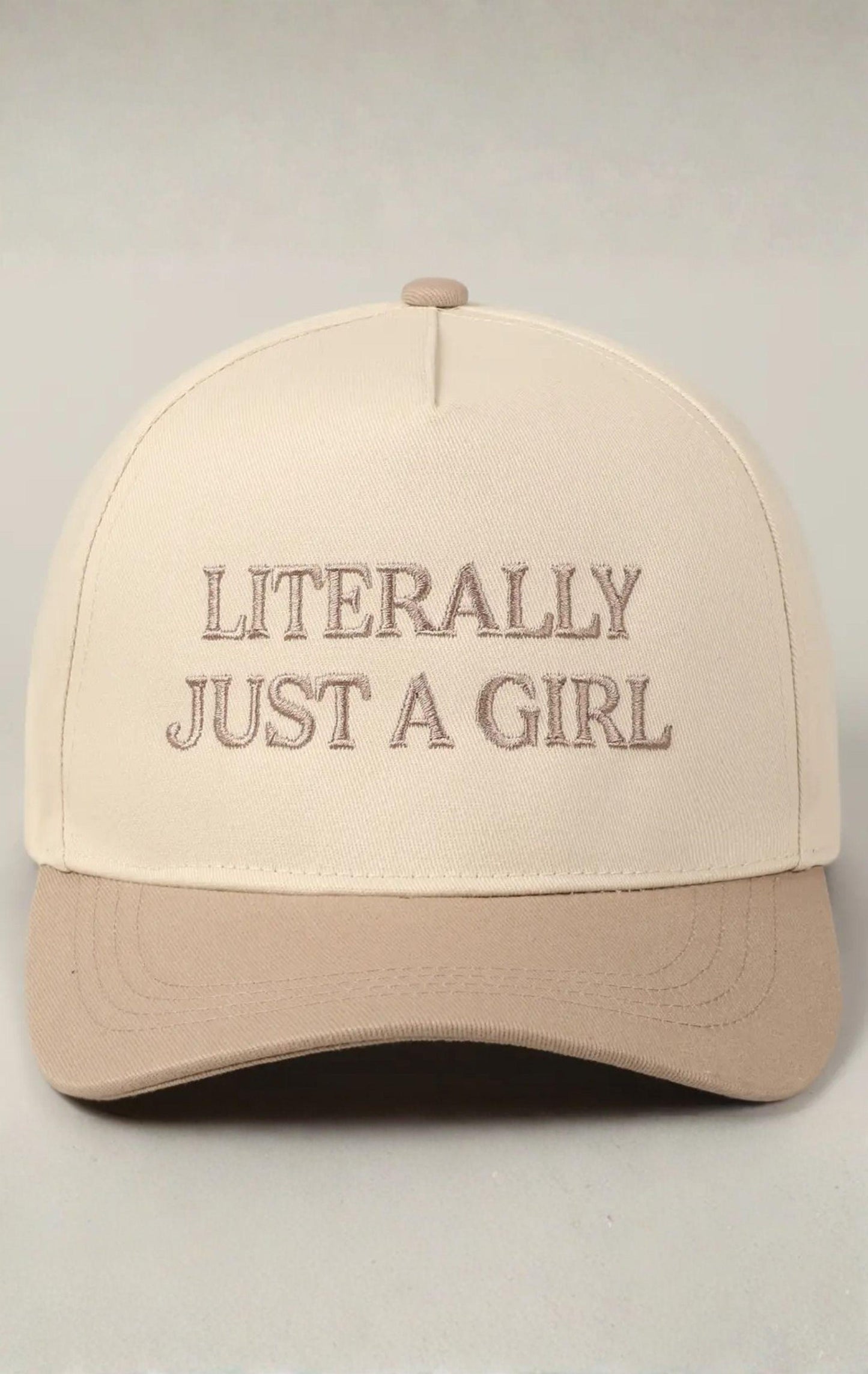 LITERALLY JUST A GIRL EMBROIDERY TWO TONE TRUCKER HAT - BEIGE