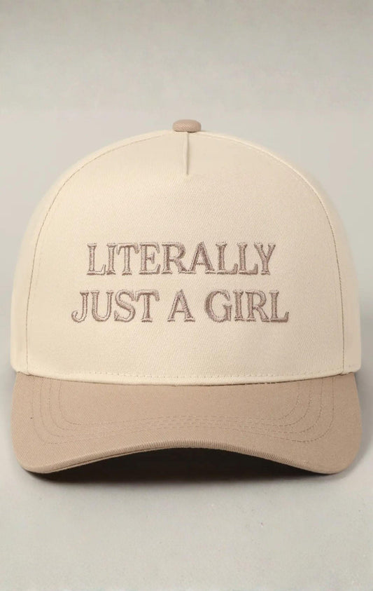 LITERALLY JUST A GIRL EMBROIDERY TWO TONE TRUCKER HAT - BEIGE