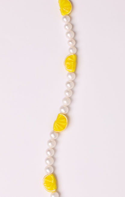 Sour Freshwater Pearl Necklace w/ glass lemon charms, 16"
