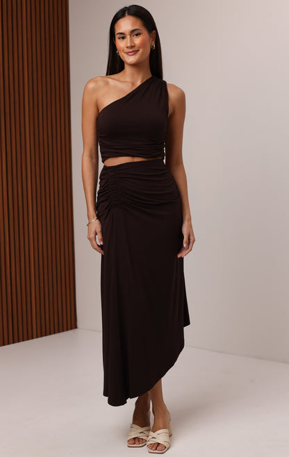 OLIVIA ONE SHOULDER TOP - CHOCOLATE