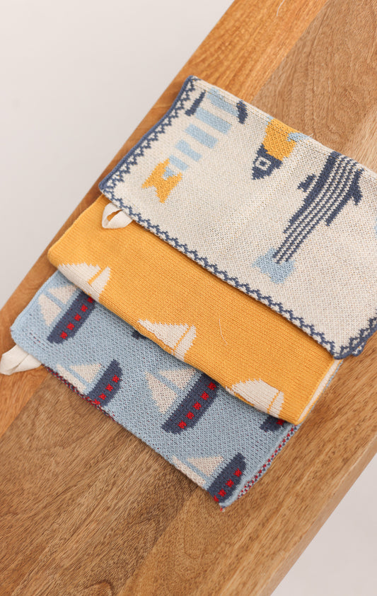 COTTON KNIT DISH CLOTH WITH FISH/BOAT PATTERN SET OF 3