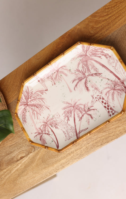 HAND PAINTED STONEWARE OCTAGON SHAPED PLATTER WITH PALM TREES DG2091