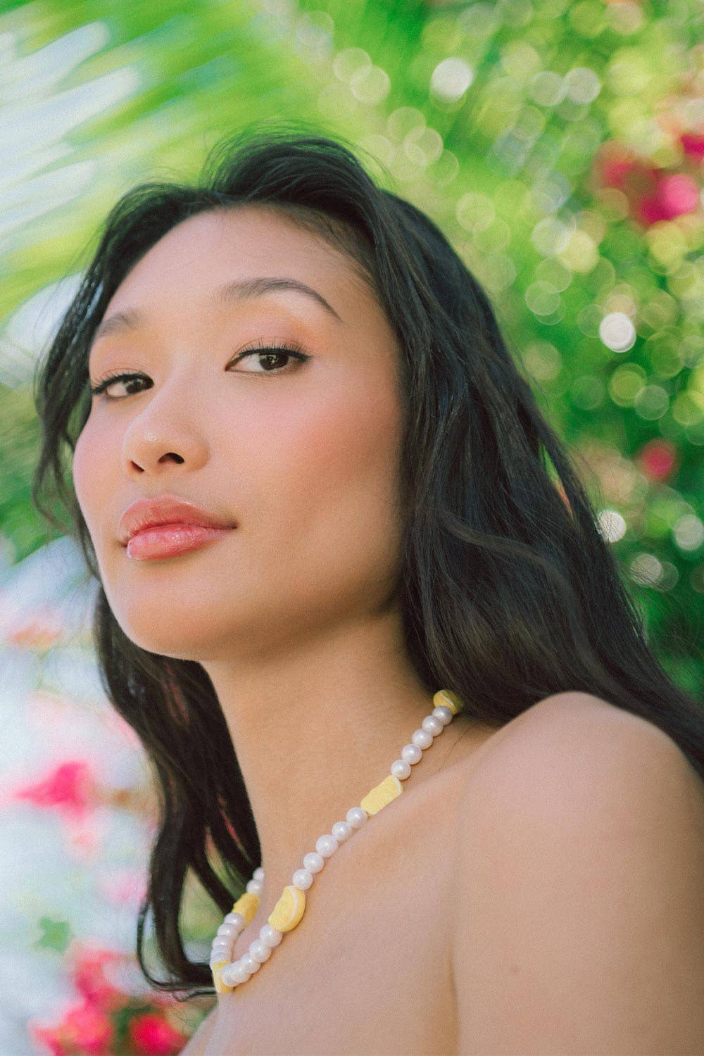 Sour Freshwater Pearl Necklace w/ glass lemon charms, 16"