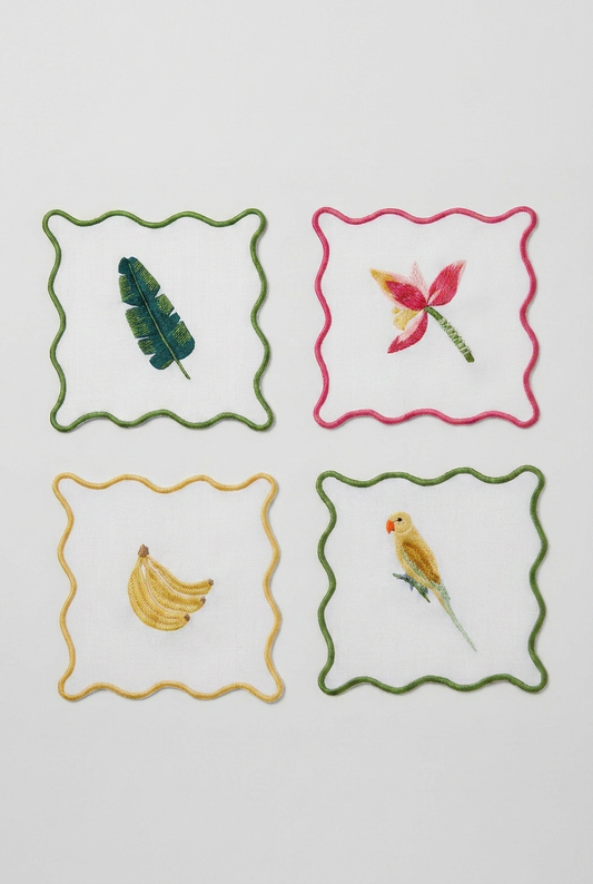 Tropicalia Cocktail Napkins | Embroidered Linen Coaster Set