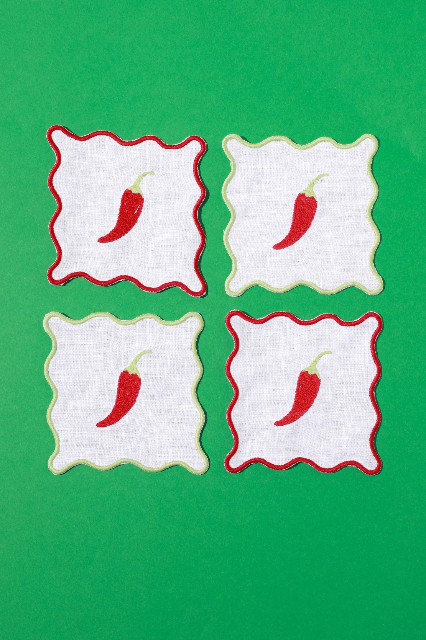 Chili Cocktail Napkins | Embroidered Linen Coaster Set