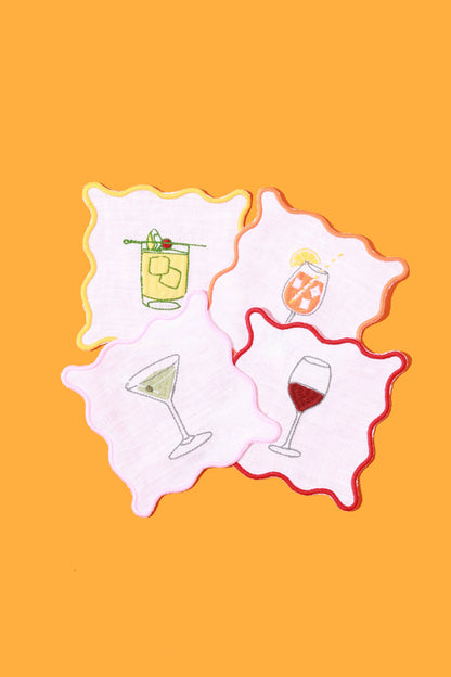 Cocktail Embroidered Napkins | Embroidered Linen Coaster Set
