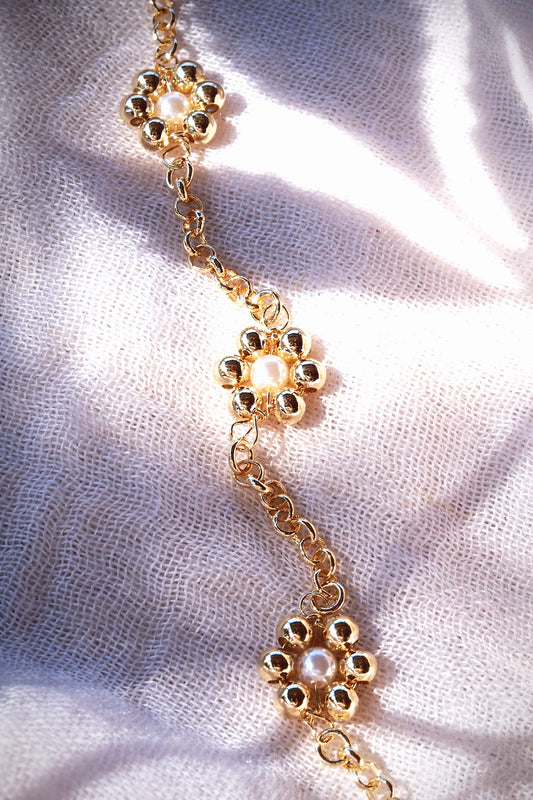 PEARL AND GOLD DAISY CHAIN BRACELET - PUA - GOLD