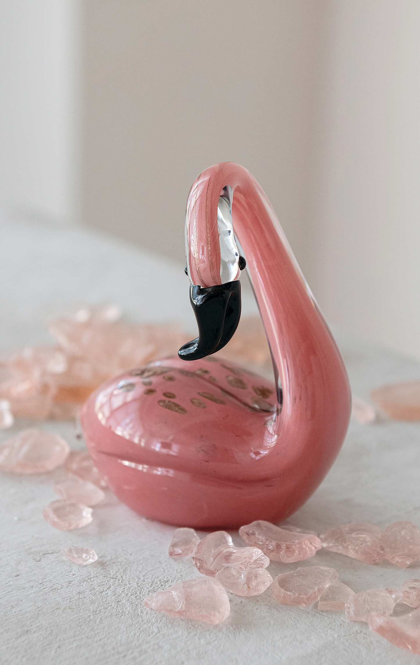 HAND-BLOWN ART GLASS FLAMINGO, PINK & BLACK (EACH ONE WILL VARY)