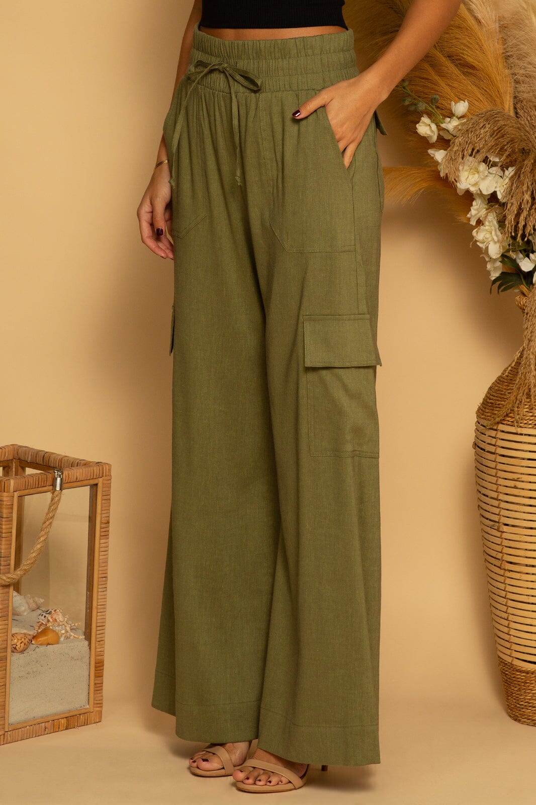 CARGO LINEN PANT - DARK GREEN - XS