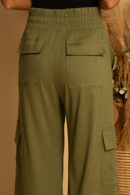 CARGO LINEN PANT - DARK GREEN - XS