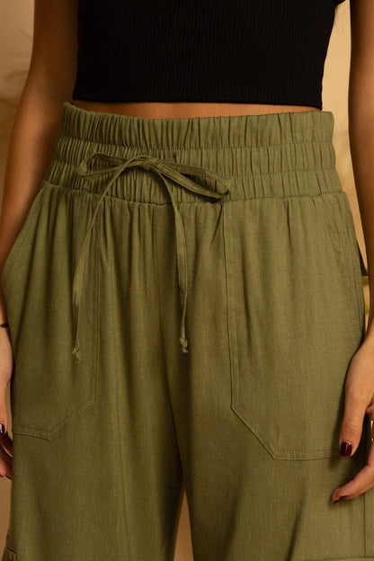 CARGO LINEN PANT - DARK GREEN - XS