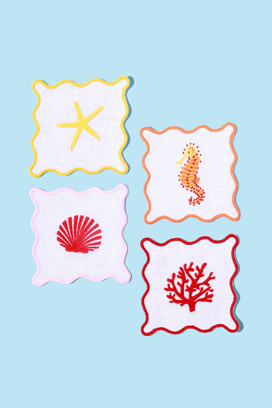Coastal Cocktail Napkins | Embroidered Linen Coaster Set