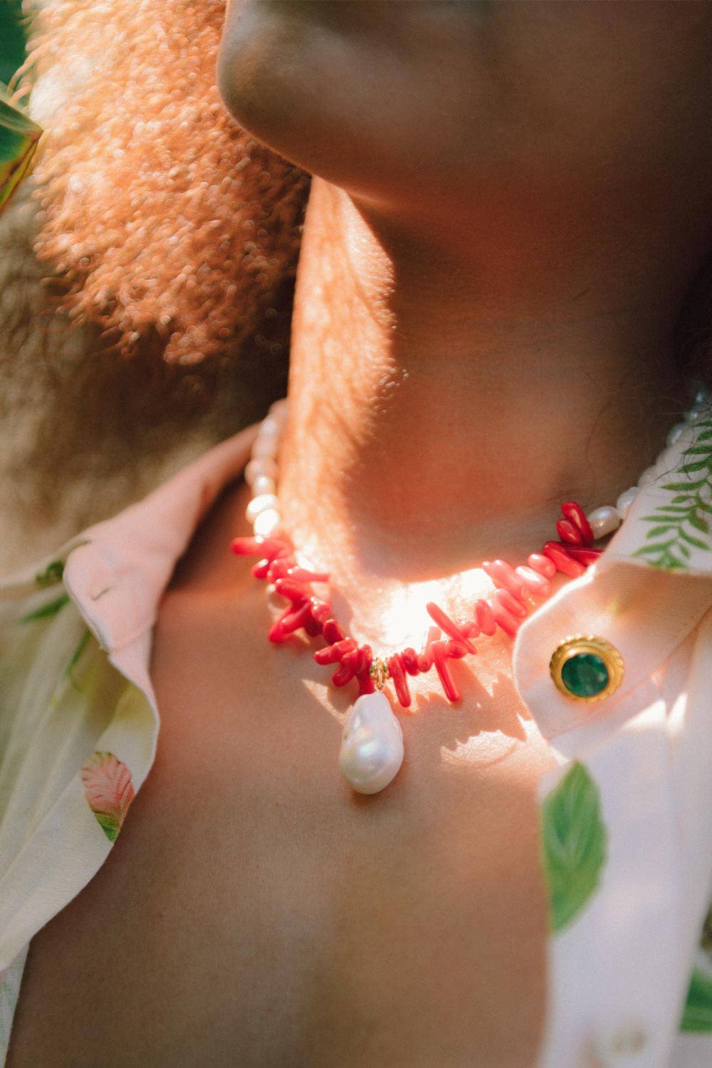 Mermaid Necklace Coral & Freshwater Pearl Necklace, 15.5"