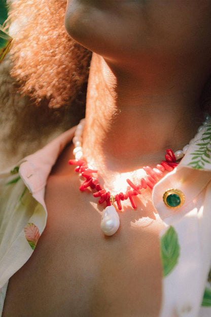 Mermaid Necklace Coral & Freshwater Pearl Necklace, 15.5"
