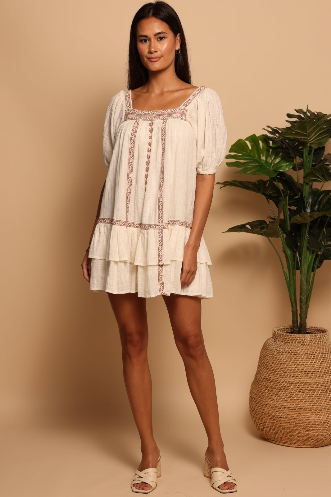 SQUARE NECK BABYDOLL DRESS - SAND EMBROIDERY - XS