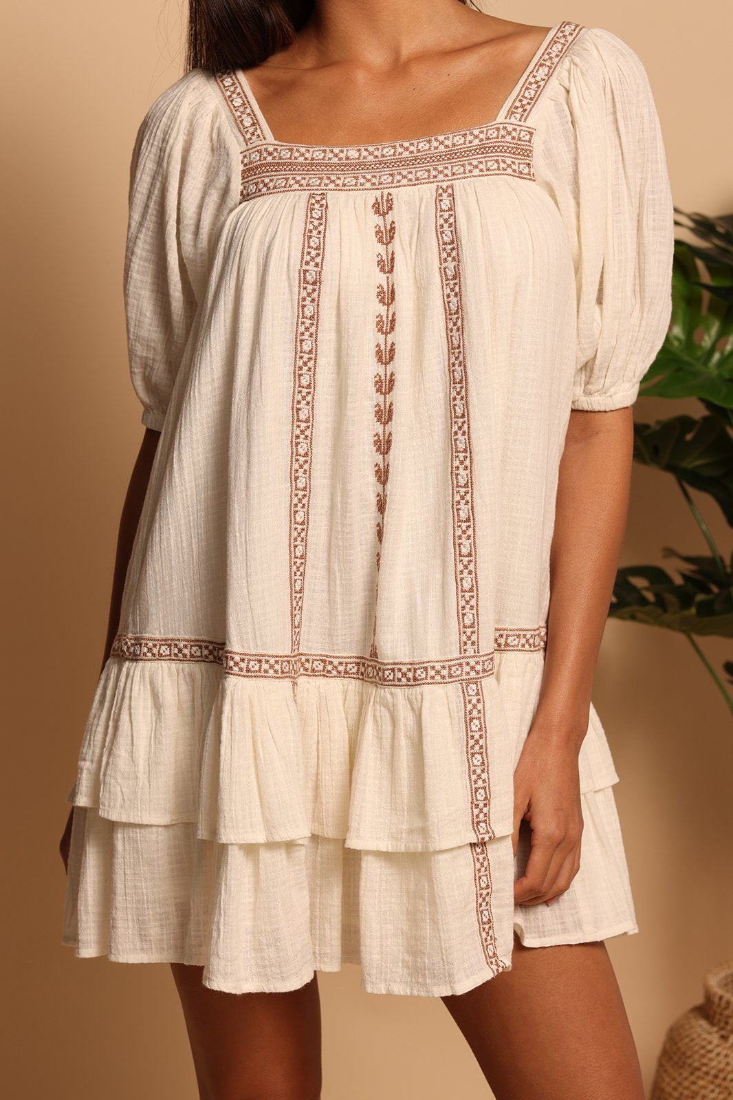 SQUARE NECK BABYDOLL DRESS - SAND EMBROIDERY - XS