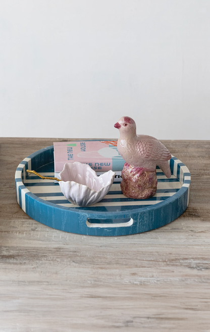 DECORATIVE INLAID MARBLED RESIN & MDF TRAY WITH STRIPES & HANDLES (EACH ONE WILL VARY)