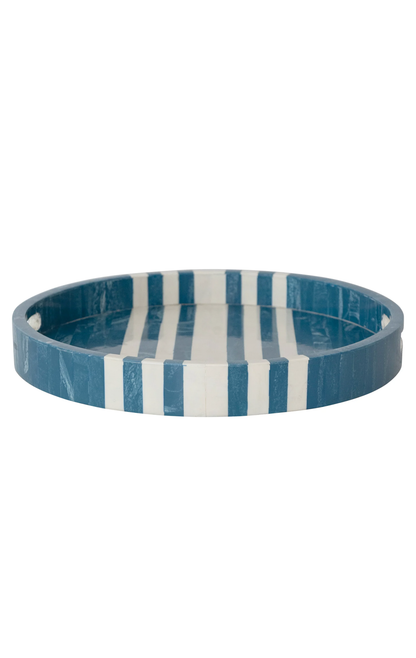 DECORATIVE INLAID MARBLED RESIN & MDF TRAY WITH STRIPES & HANDLES (EACH ONE WILL VARY)