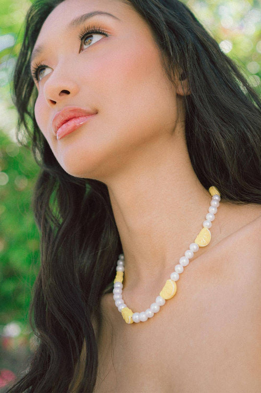 Sour Freshwater Pearl Necklace w/ glass lemon charms, 16"