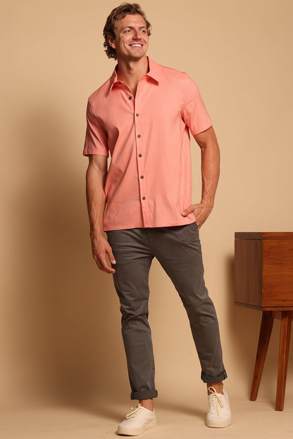 CHARLES LINEN CAMP SHIRT - CORAL ALMOND - S