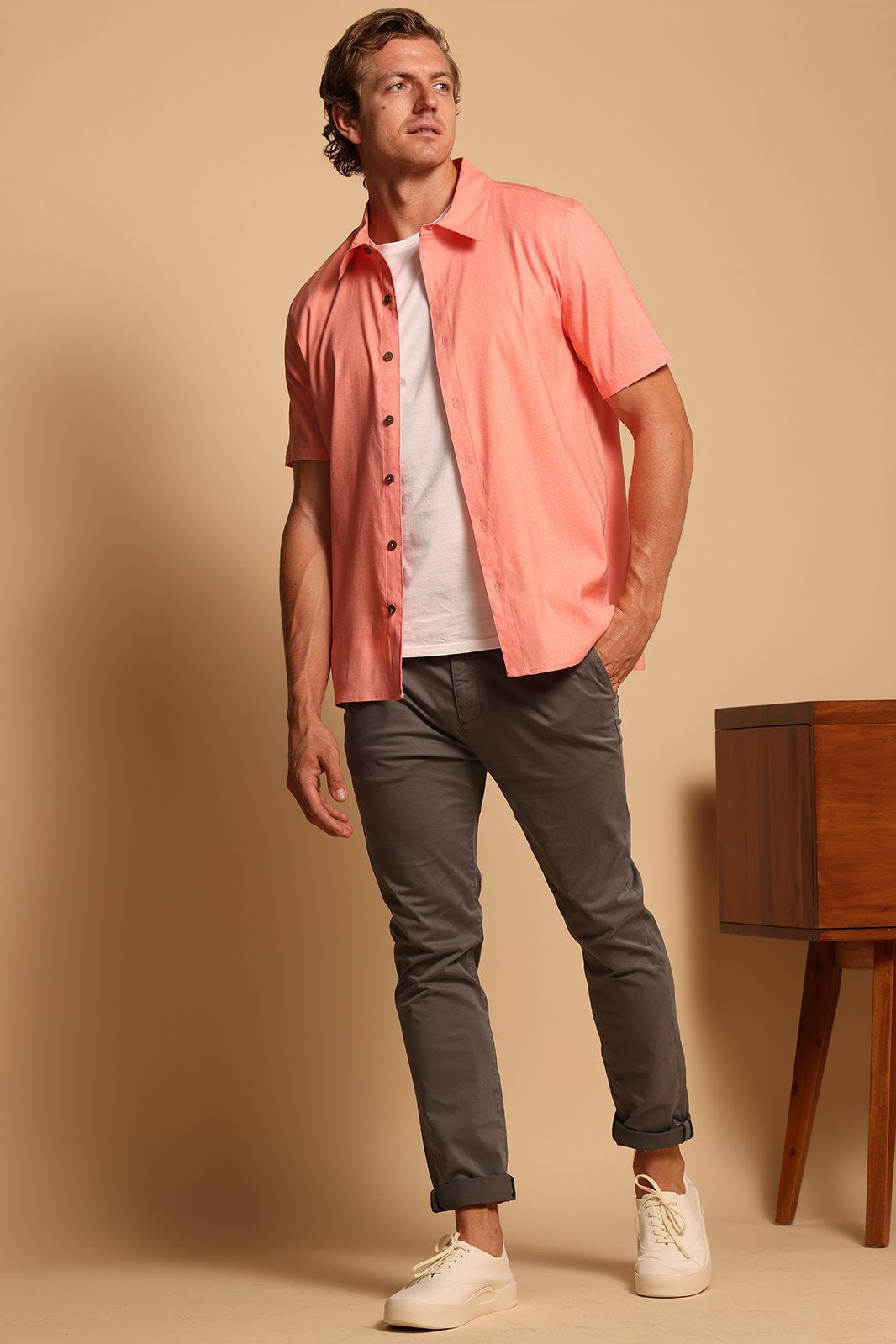 CHARLES LINEN CAMP SHIRT - CORAL ALMOND - S