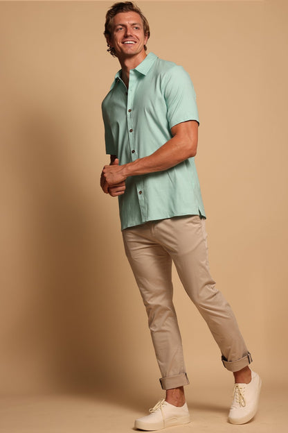 CHARLES LINEN CAMP SHIRT - PASTEL TURQUOISE - S