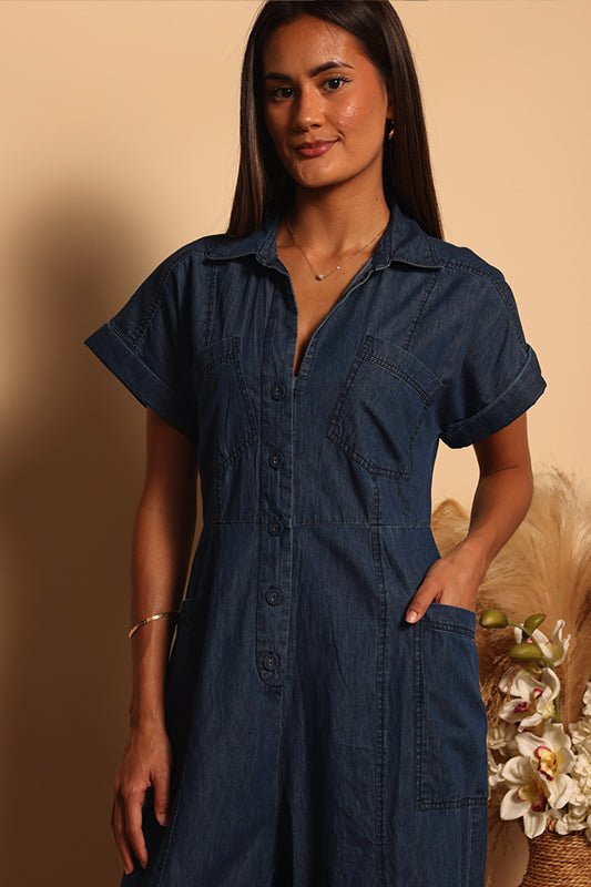 COLLARED JUMPSUIT - DARK DENIM - XS