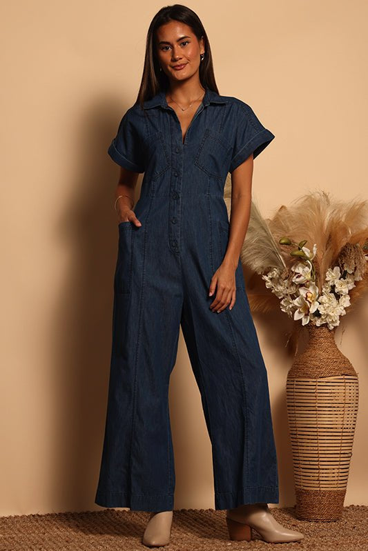 COLLARED JUMPSUIT - DARK DENIM - XS