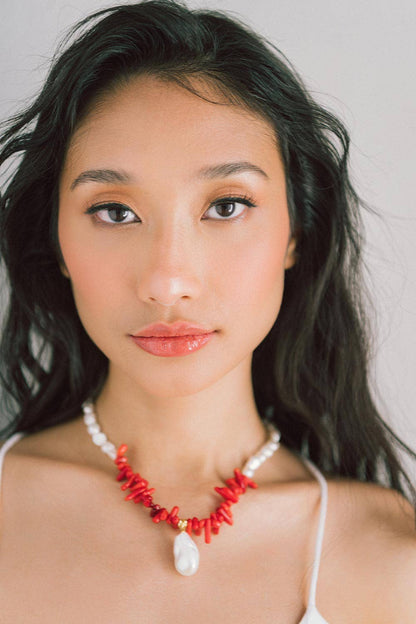 Mermaid Necklace Coral & Freshwater Pearl Necklace, 15.5"