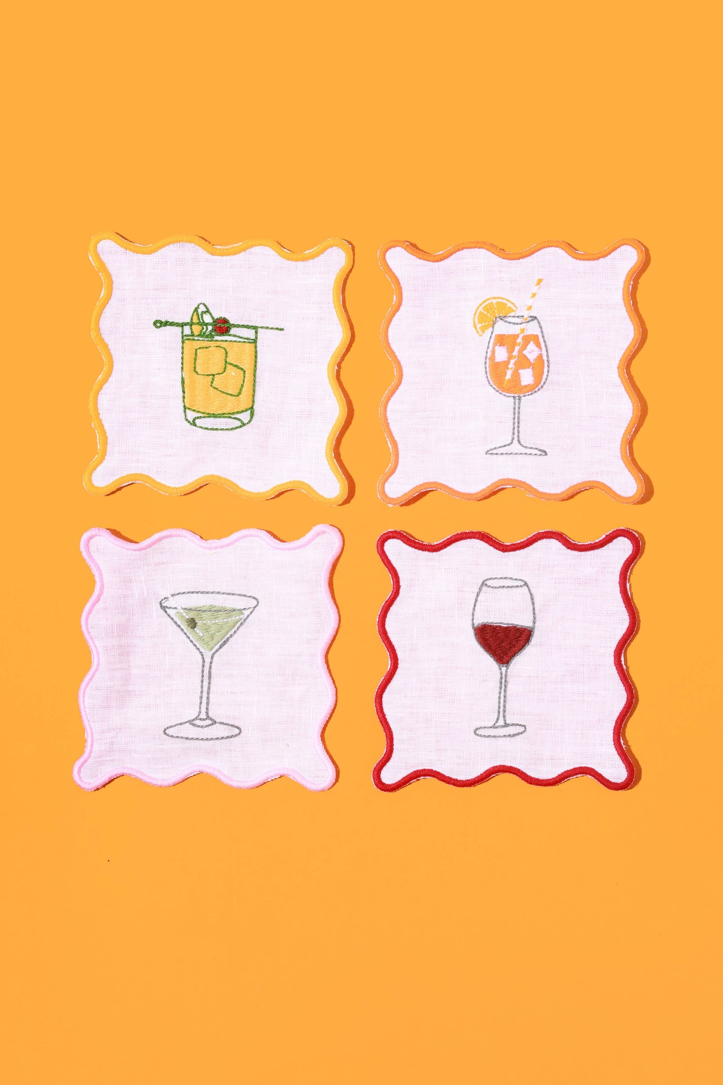 Cocktail Embroidered Napkins | Embroidered Linen Coaster Set