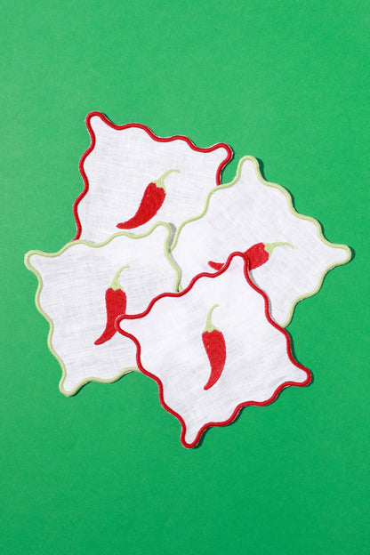 Chili Cocktail Napkins | Embroidered Linen Coaster Set