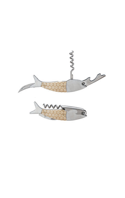 OAK WOOD & STAINLESS STEEL FISH SHAPED BOTTLE OPENER