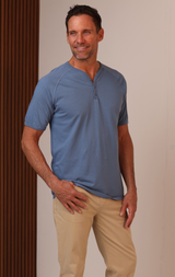 ORGANIC MENS HENLEY - FADED DENIM - S