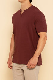 Maroon Notch Neck Tee For Men - Front Side Angle