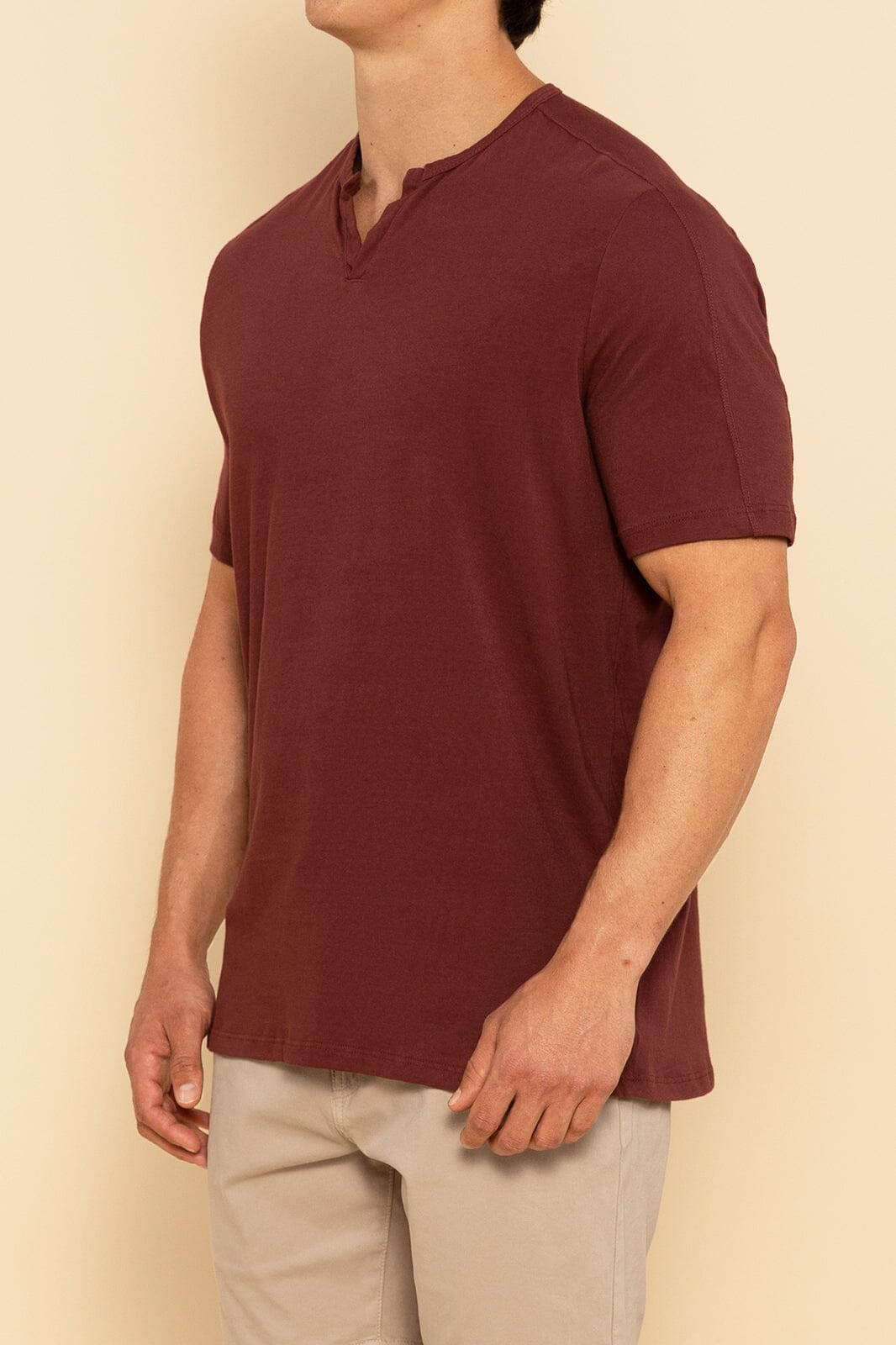 Maroon Notch Neck Tee For Men - Front Side Angle
