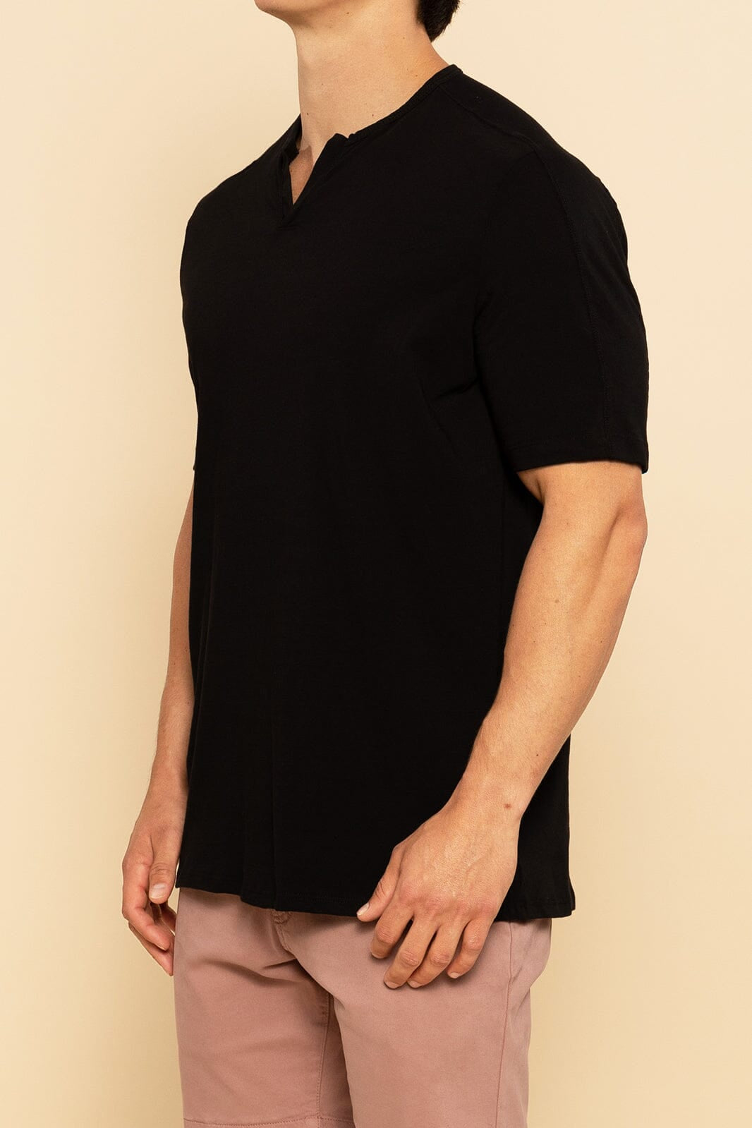 Black Notch Neck Tee For Men - Front Side Angle