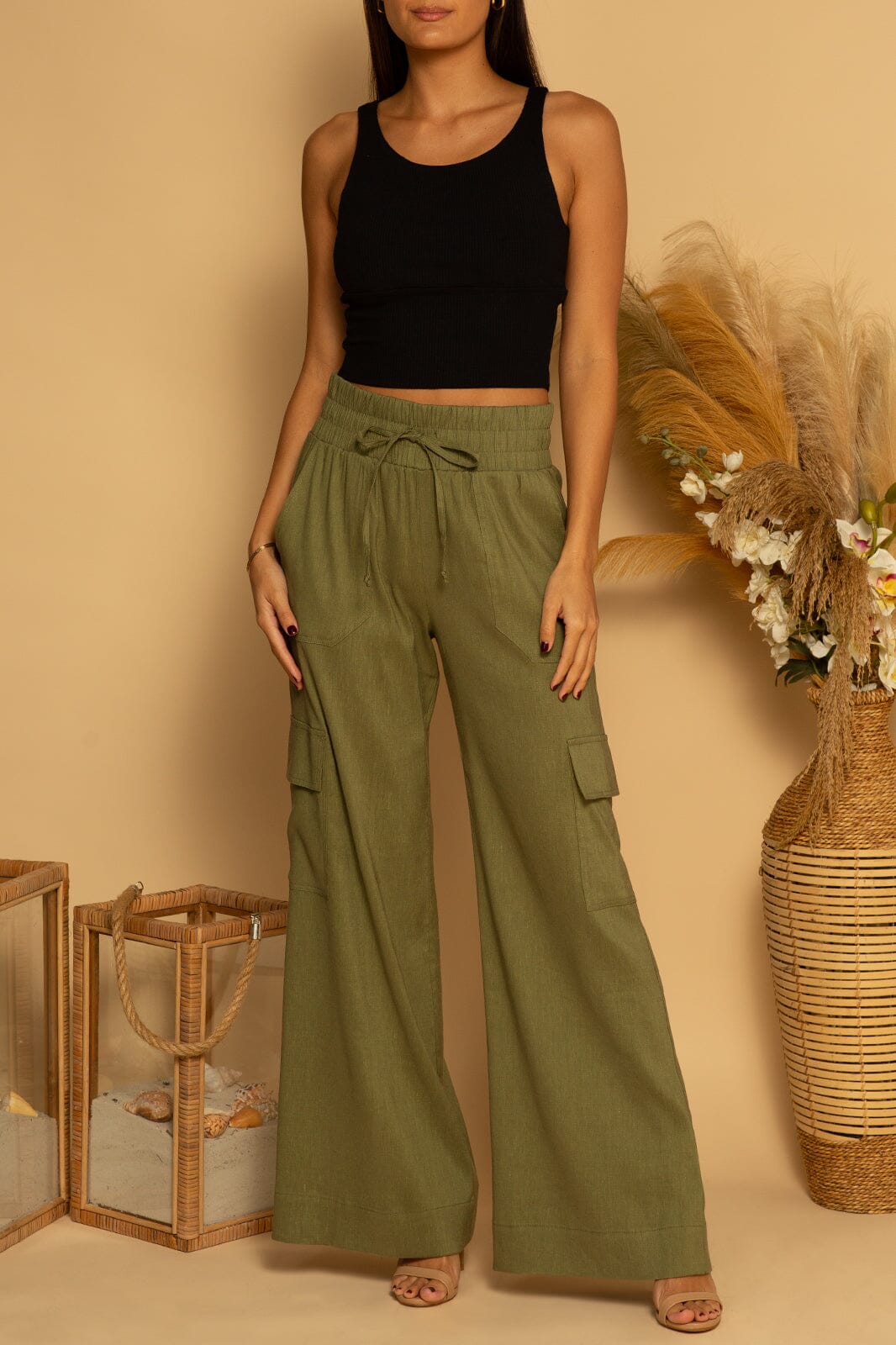 CARGO LINEN PANT - DARK GREEN - XS