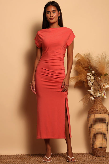 SHELBY SHIRRED SLIT MIDI - CORAL - XS