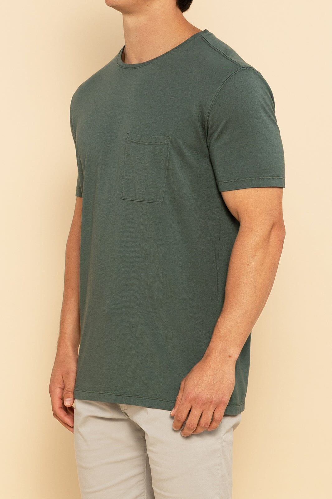 Navy Green Pocket Crew Neck Tee With Pocket For Men - Front Side Angle