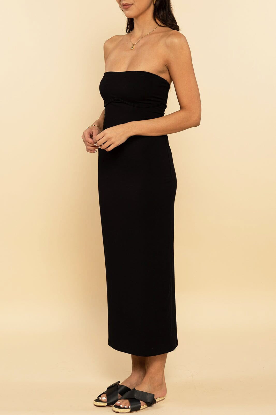 Black Strapless Tube Dress - Front Side Angle