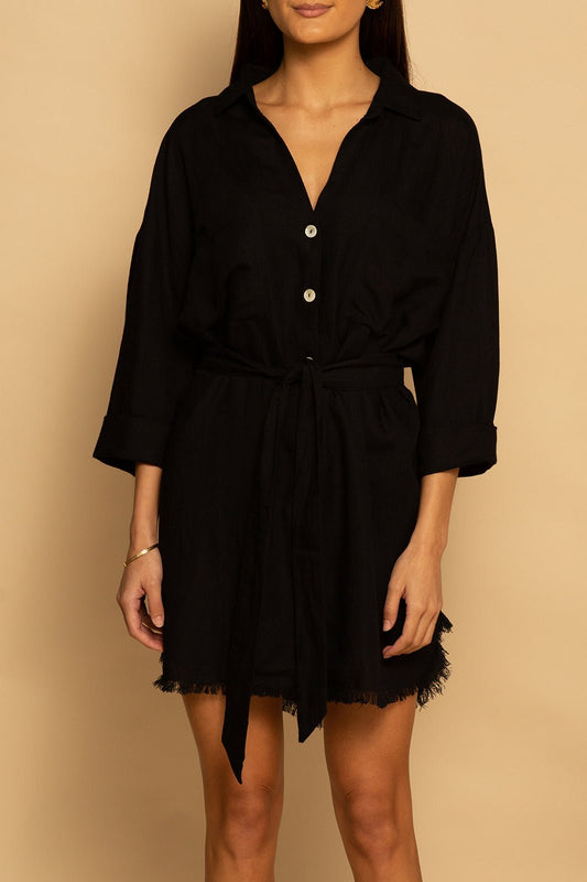 TIE WAIST OVERSIZED LINEN DRESS - BLACK - XS