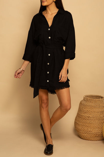 TIE WAIST OVERSIZED LINEN DRESS - BLACK - XS