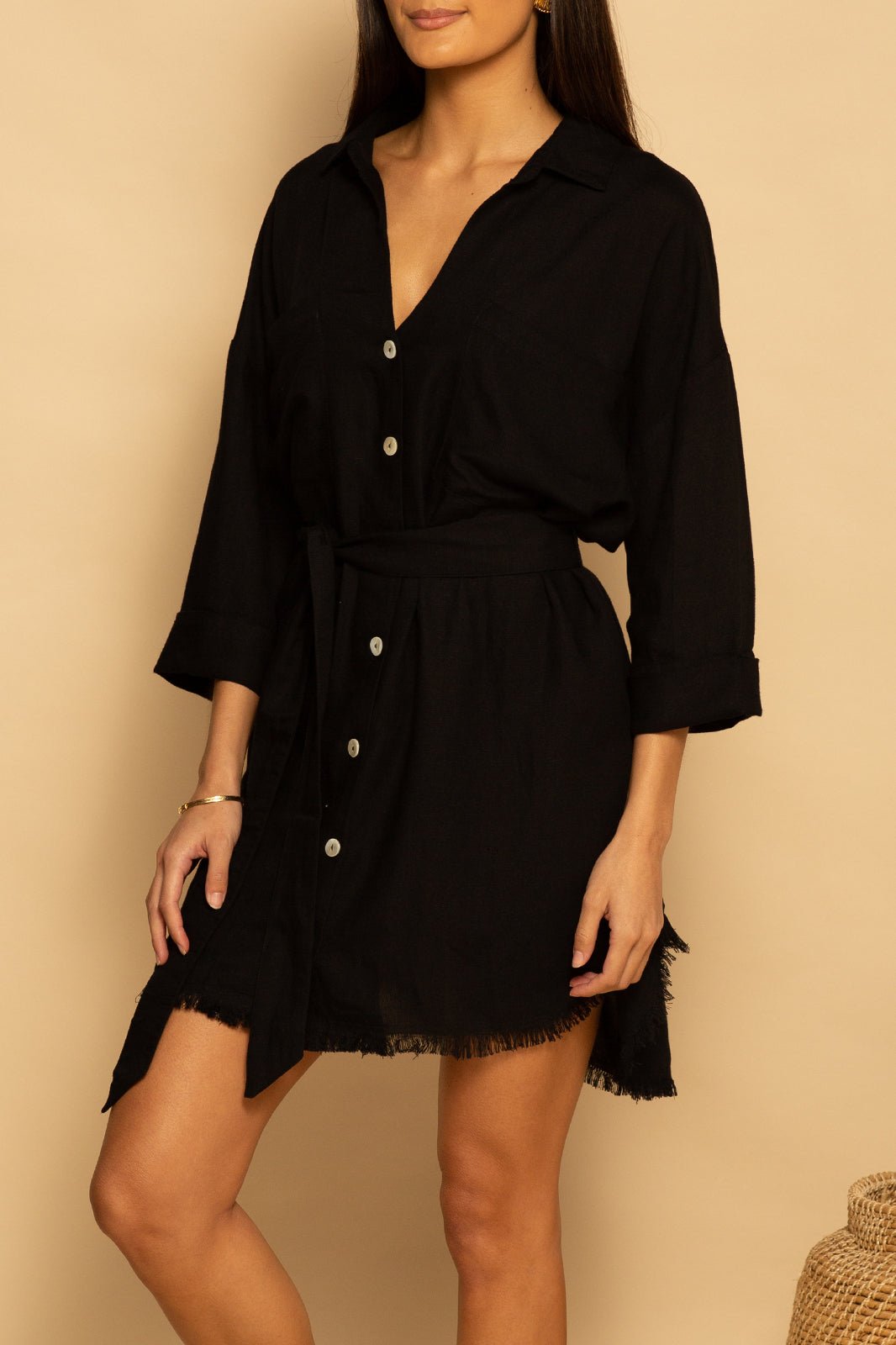 TIE WAIST OVERSIZED LINEN DRESS - BLACK - XS