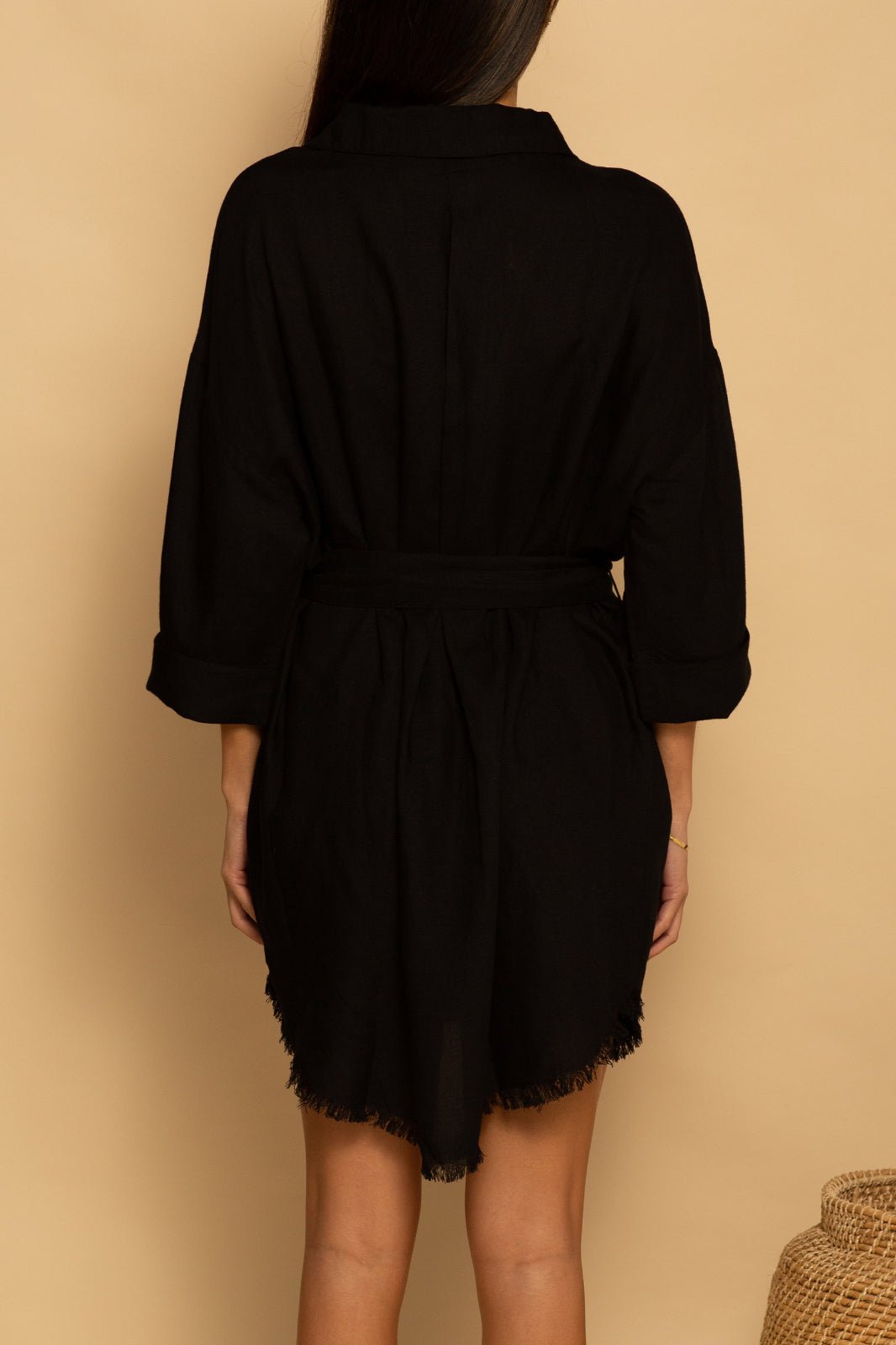 TIE WAIST OVERSIZED LINEN DRESS - BLACK - XS