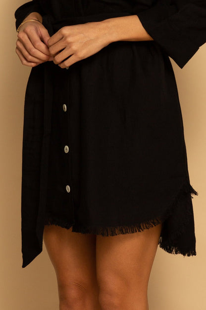 TIE WAIST OVERSIZED LINEN DRESS - BLACK - XS